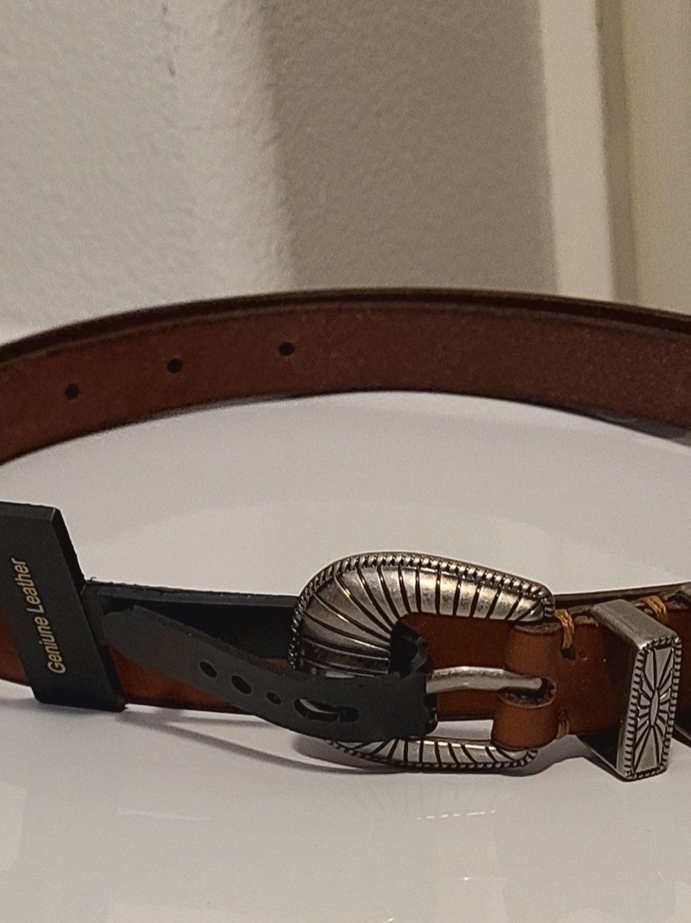 Frye Brown Leather Belt with Engraved Silver Buckle - Picture 2 of 7